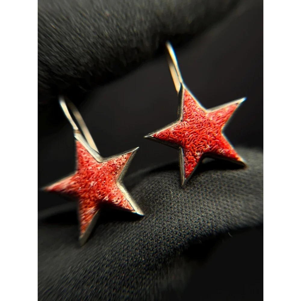 Vintage Devine 925 Sterling Silver Coral Star Dangle Earrings